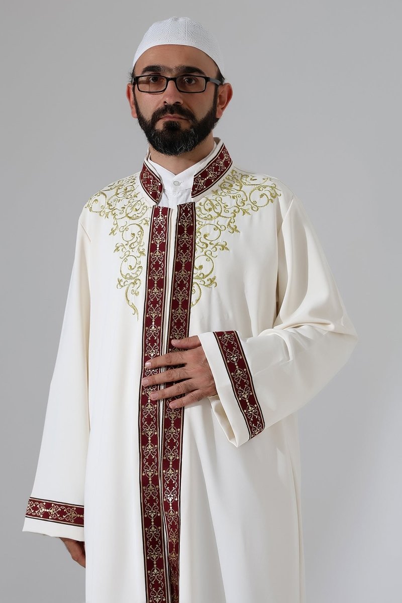 Embroidered Mandarin Collar Imam Robe, Snap Button Pocket Prayer Robe with Burgundy Border - Cream - ihvan
