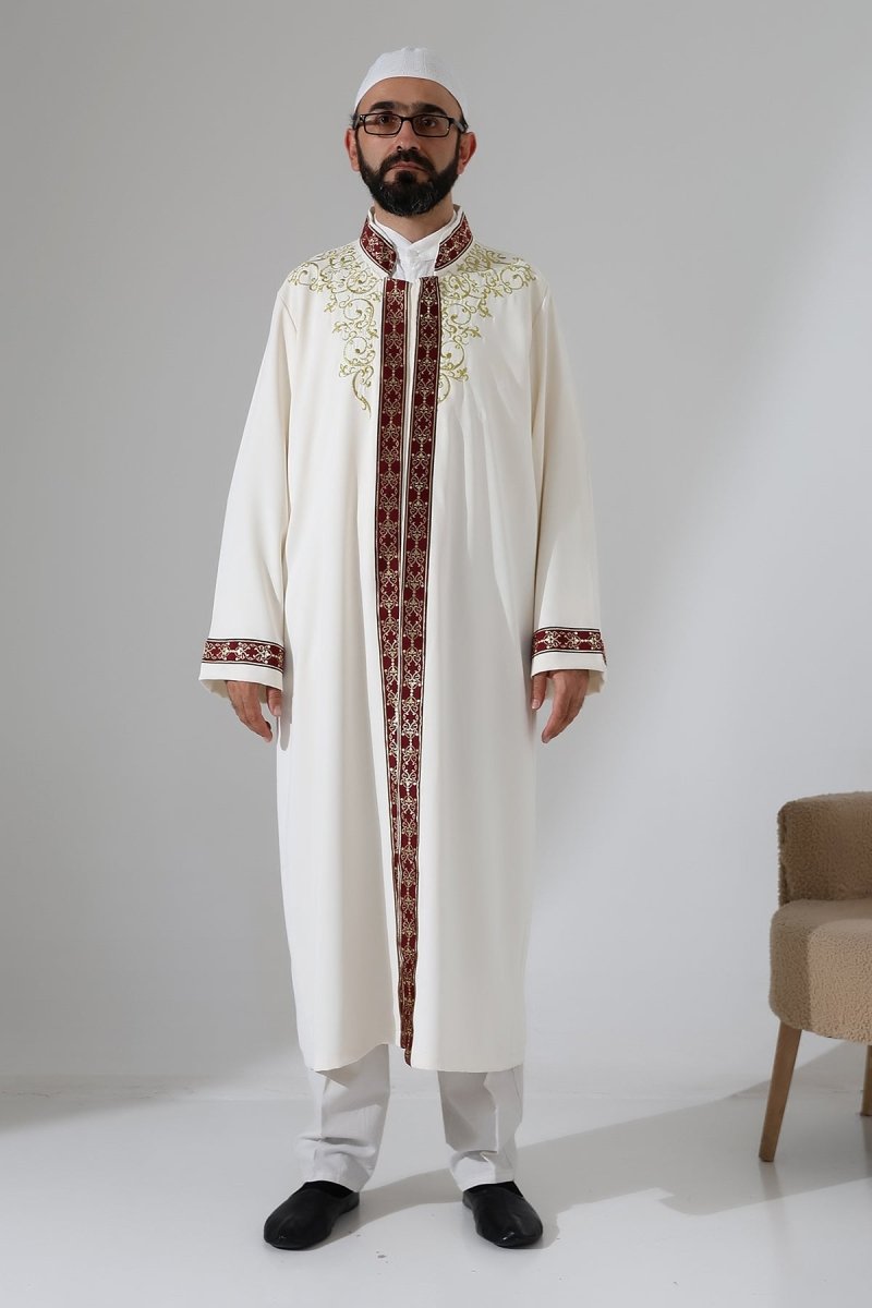 Embroidered Mandarin Collar Imam Robe, Snap Button Pocket Prayer Robe with Burgundy Border - Cream - ihvan
