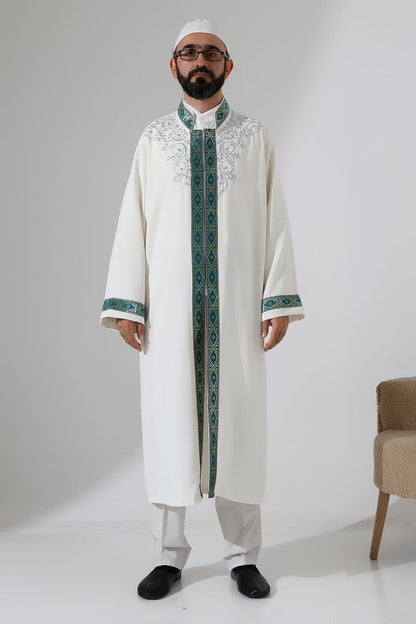 Embroidered Mandarin Collar Imam Robe, Snap Button Pocket Prayer Robe with Green Border - Cream - ihvan