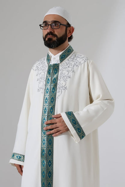 Embroidered Mandarin Collar Imam Robe, Snap Button Pocket Prayer Robe with Green Border - Cream - ihvan