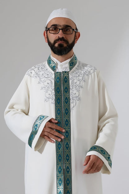 Embroidered Mandarin Collar Imam Robe, Snap Button Pocket Prayer Robe with Green Border - Cream - ihvan