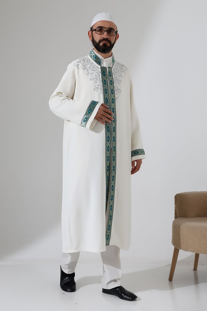 Embroidered Mandarin Collar Imam Robe, Snap Button Pocket Prayer Robe with Green Border - Cream - ihvan