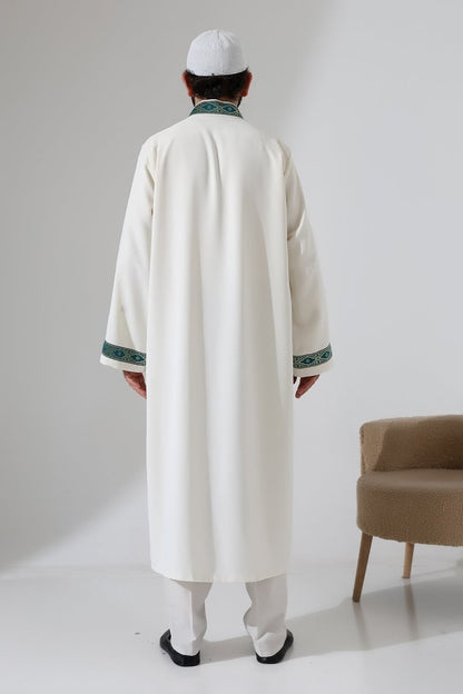 Embroidered Mandarin Collar Imam Robe, Snap Button Pocket Prayer Robe with Green Border - Cream - ihvan