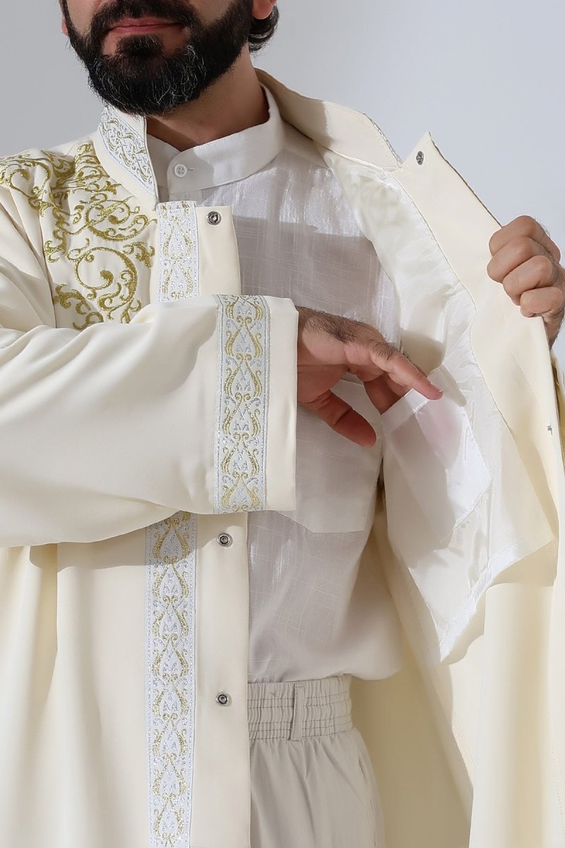 Embroidered Mandarin Collar Imam Robe, Snap Button Pocket Prayer Robe with Silver Border - Cream - ihvan