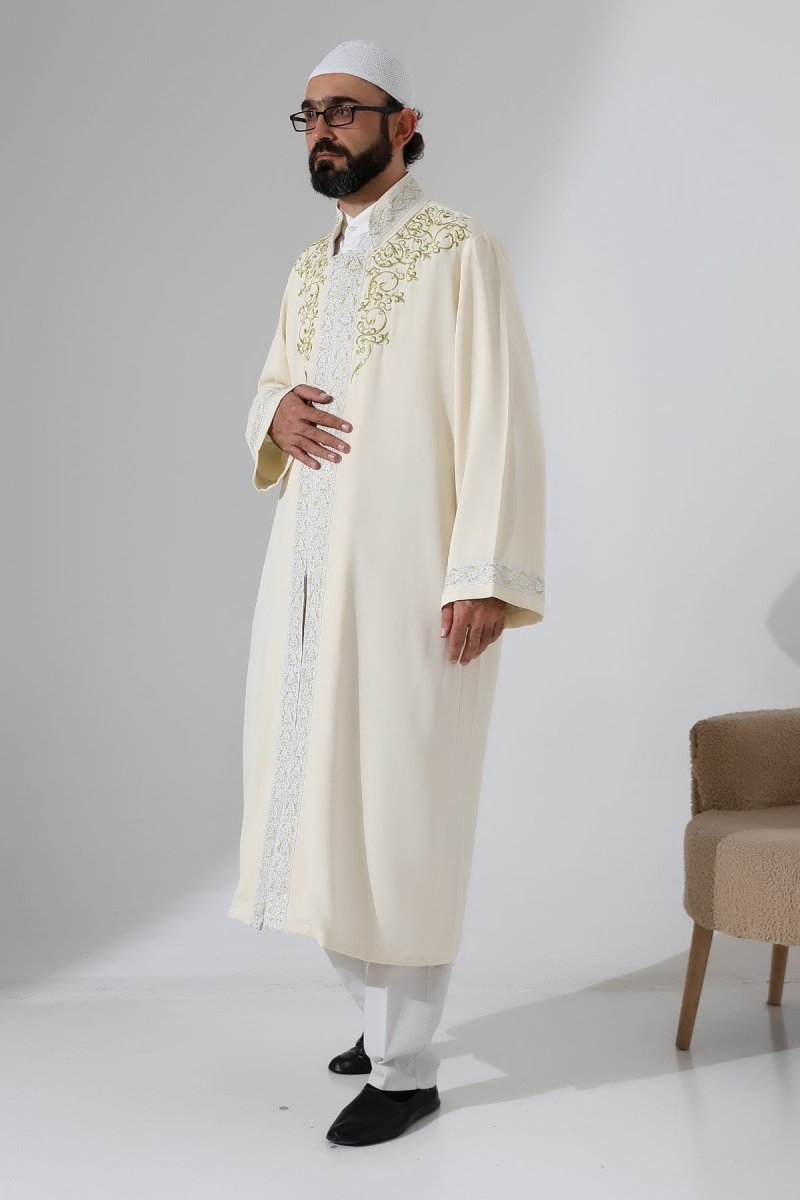 Embroidered Mandarin Collar Imam Robe, Snap Button Pocket Prayer Robe with Silver Border - Cream - ihvan