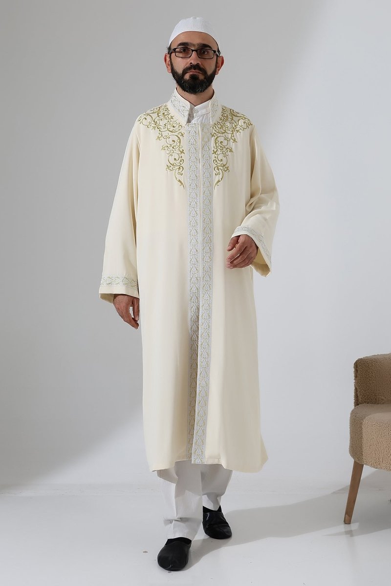 Embroidered Mandarin Collar Imam Robe, Snap Button Pocket Prayer Robe with Silver Border - Cream - ihvan