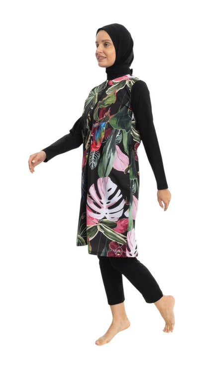 EMSA Women's Leaf Pattern Full Coverage Hijab Swimsuit 2692 - 25 Black - ihvan