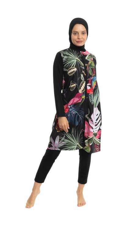 EMSA Women's Leaf Pattern Full Coverage Hijab Swimsuit 2692 - 25 Black - ihvan