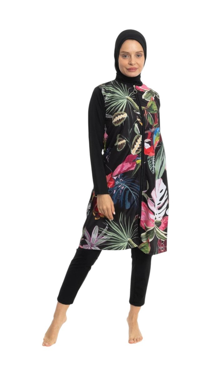 EMSA Women's Leaf Pattern Full Coverage Hijab Swimsuit 2692 - 25 Black - ihvan