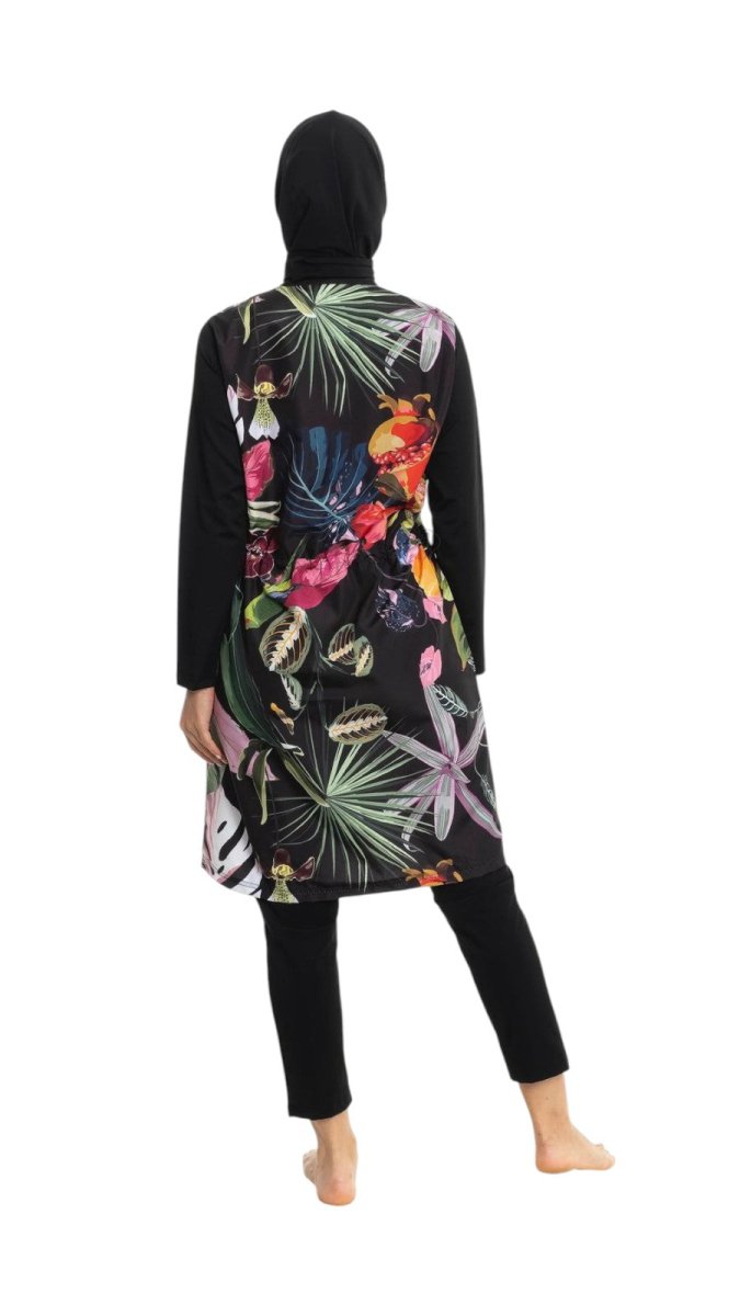 EMSA Women's Leaf Pattern Full Coverage Hijab Swimsuit 2692 - 25 Black - ihvan