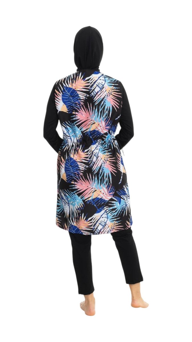 EMSA Women's Leaf Pattern Full Coverage Hijab Swimsuit 2695 - 25 Black - ihvan
