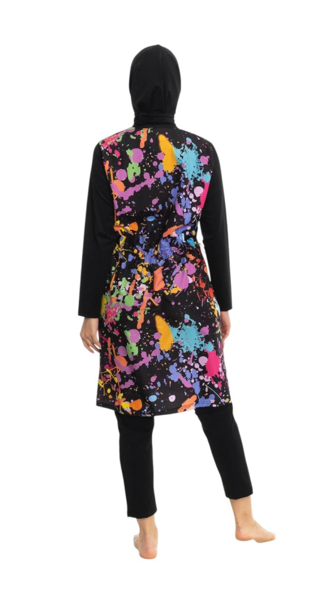 EMSA Women's Painted Pattern Full Coverage Hijab Swimsuit 2691 - 25 Black - ihvan