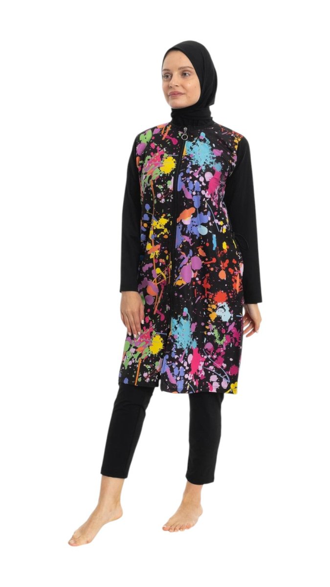 EMSA Women's Painted Pattern Full Coverage Hijab Swimsuit 2691 - 25 Black - ihvan