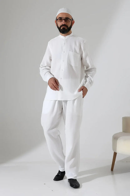 Men’s Hajj & Umrah Muslin Shirt and Trousers Set – Mandarin Collar (ANS)