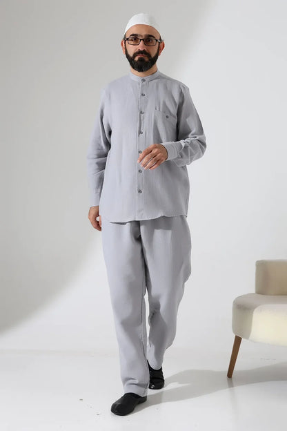 Men’s Hajj & Umrah Muslin Shirt and Trousers Set – Mandarin Collar (ANS)
