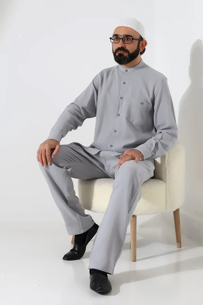 Men’s Hajj & Umrah Muslin Shirt and Trousers Set – Mandarin Collar (ANS)