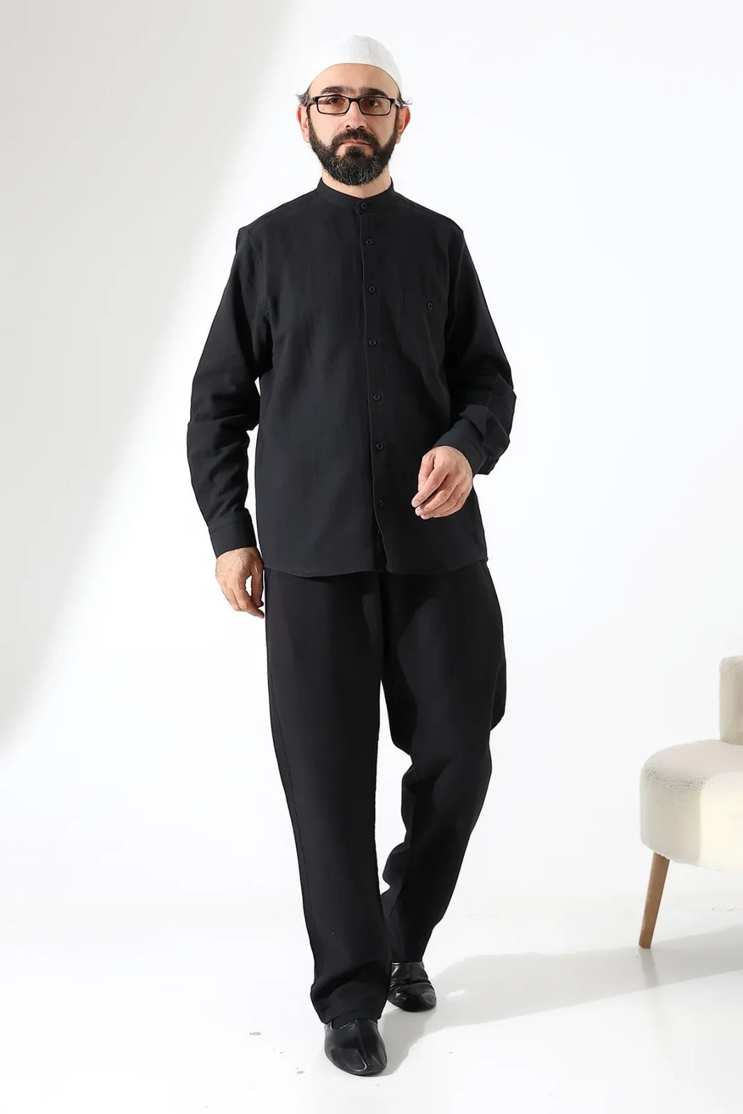 Men’s Hajj & Umrah Muslin Shirt and Trousers Set – Mandarin Collar (ANS)