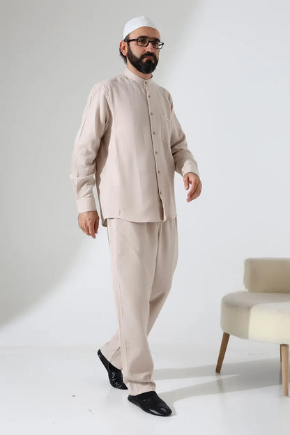 Men’s Hajj & Umrah Muslin Shirt and Trousers Set – Mandarin Collar (ANS)