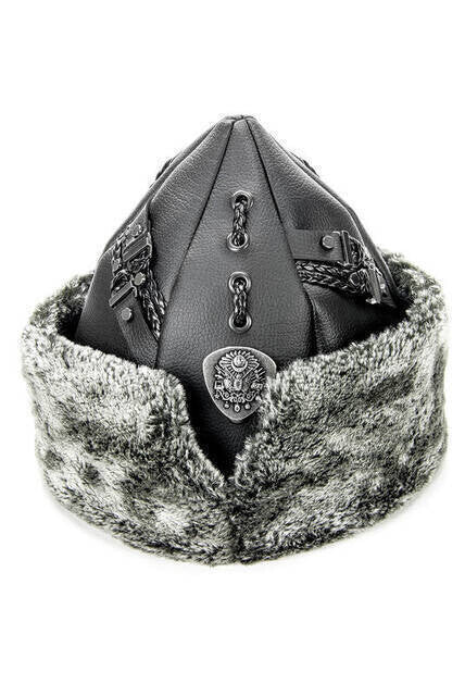 Miss Tesettür Turkish Ottoman Bork Hat, Ertugrul Leather Fur Winter Cap, Grey Faux Fur and Black Faux Leather