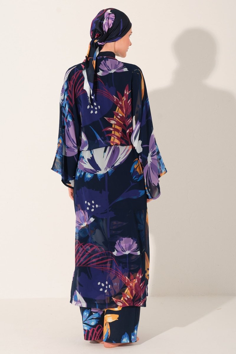 Floria Full Length Chiffon Pareo with Belt 7175 - 26 Navy Blue - ihvan