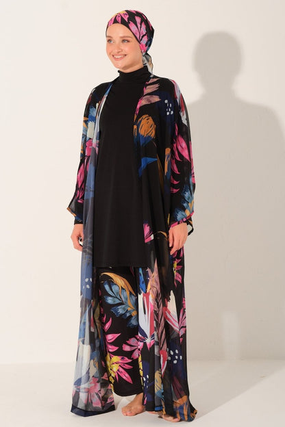 Floria Patterned Belted Long Beach Pareo 7175 - 26 Black - ihvan