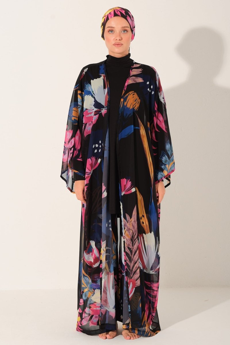 Floria Patterned Belted Long Beach Pareo 7175 - 26 Black - ihvan