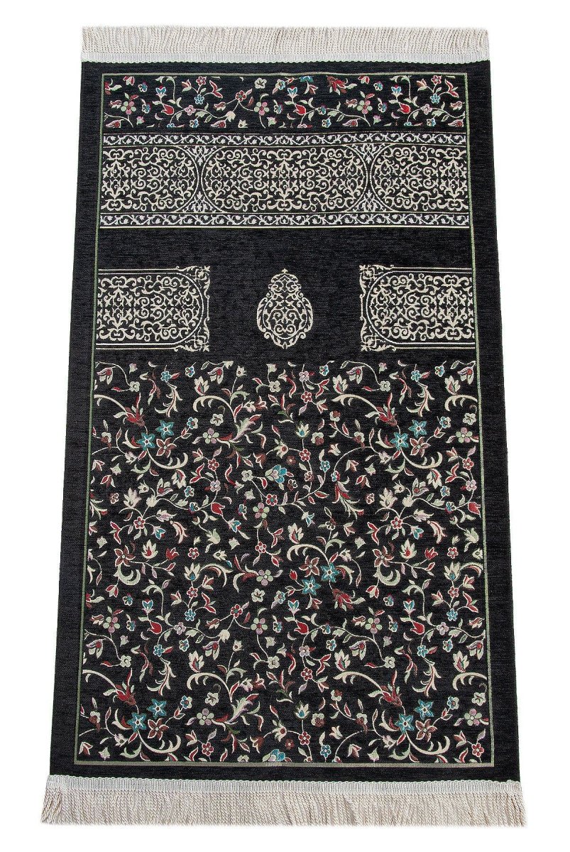 Flower Motif Chenille Prayer Rug – Black - ihvan