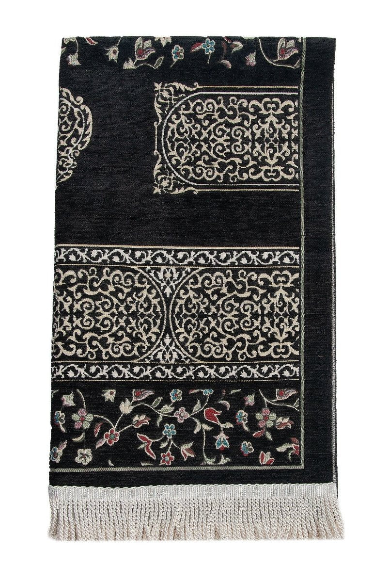 Flower Motif Chenille Prayer Rug – Black - ihvan