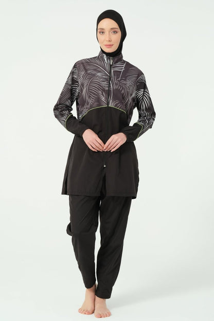Fully Covered Hijab Swimsuit Plus Size with Hair Trim, Leaf Pattern, Zipper 25267 - 26 Black - ihvan