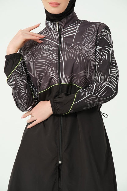 Fully Covered Hijab Swimsuit Plus Size with Hair Trim, Leaf Pattern, Zipper 25267 - 26 Black - ihvan