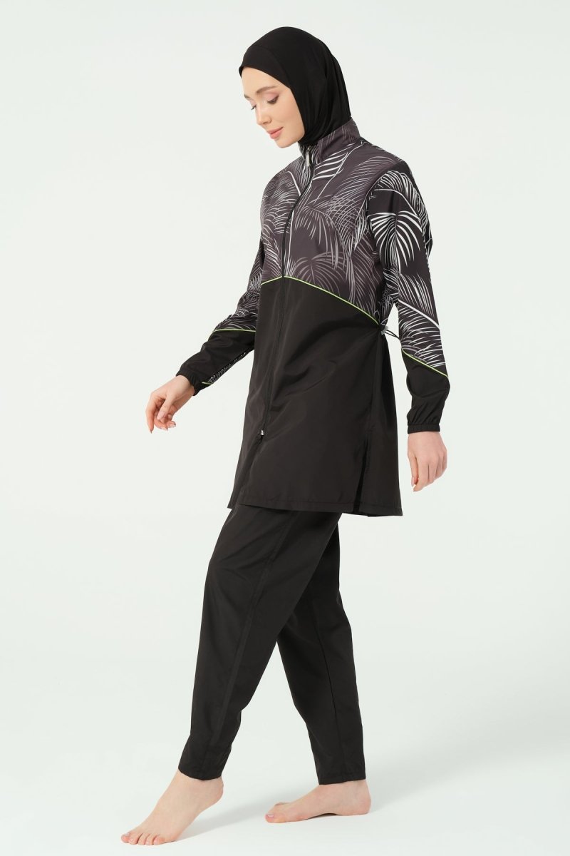 Fully Covered Hijab Swimsuit Plus Size with Hair Trim, Leaf Pattern, Zipper 25267 - 26 Black - ihvan