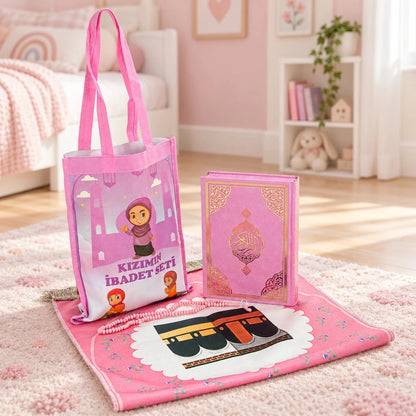 Girls’ Islamic Prayer Set with Personalized Kaaba Prayer Mat, Quran, Tasbih & Carry Bag - ihvan