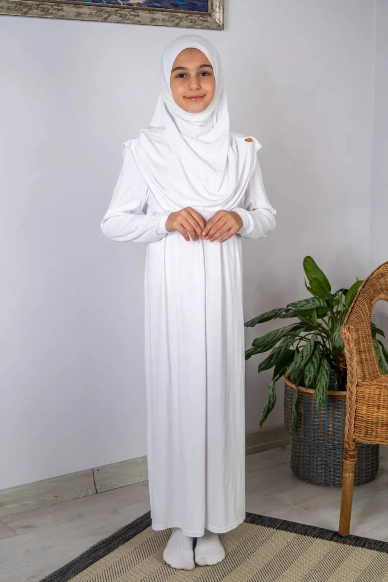 Girls’ One-Piece Prayer Dress with Attached Hijab – Age 8–12 - ihvan