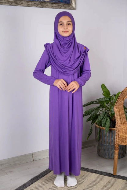Girls’ One-Piece Prayer Dress with Attached Hijab – Age 8–12 - ihvan