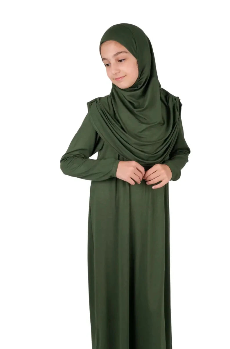 Girls’ One-Piece Prayer Dress with Attached Hijab – Age 8–12 - ihvan