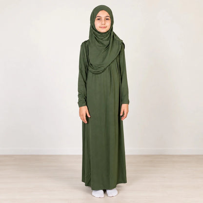 Girls’ One-Piece Prayer Dress with Attached Hijab – Age 8–12 - ihvan