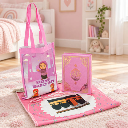 Girls’ Islamic Prayer Set with Personalized Kaaba Prayer Mat, Quran, Tasbih & Carry Bag