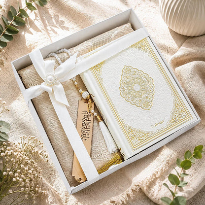 Arabic Quran Islamic Gift Box Set with Taffeta Prayer Mat, Tasbih & Bookmark