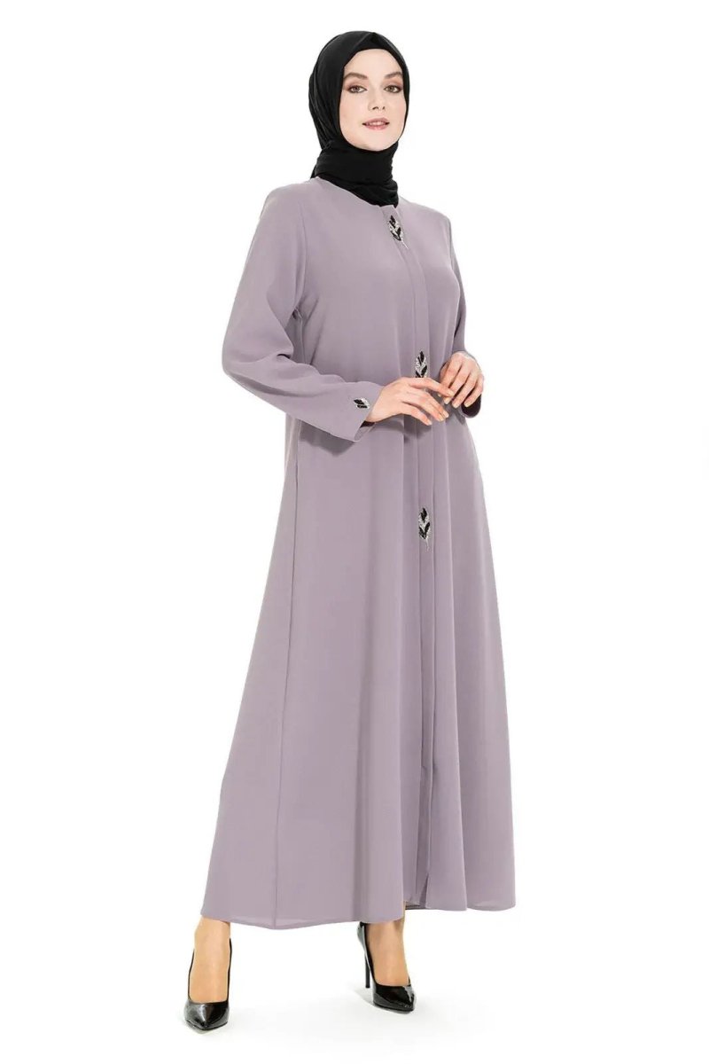 GRAY ROUND NECK HIDDEN ZIPPER APPLIQUE DETAIL HIJAB DRESS 3487 - 25 - ihvan