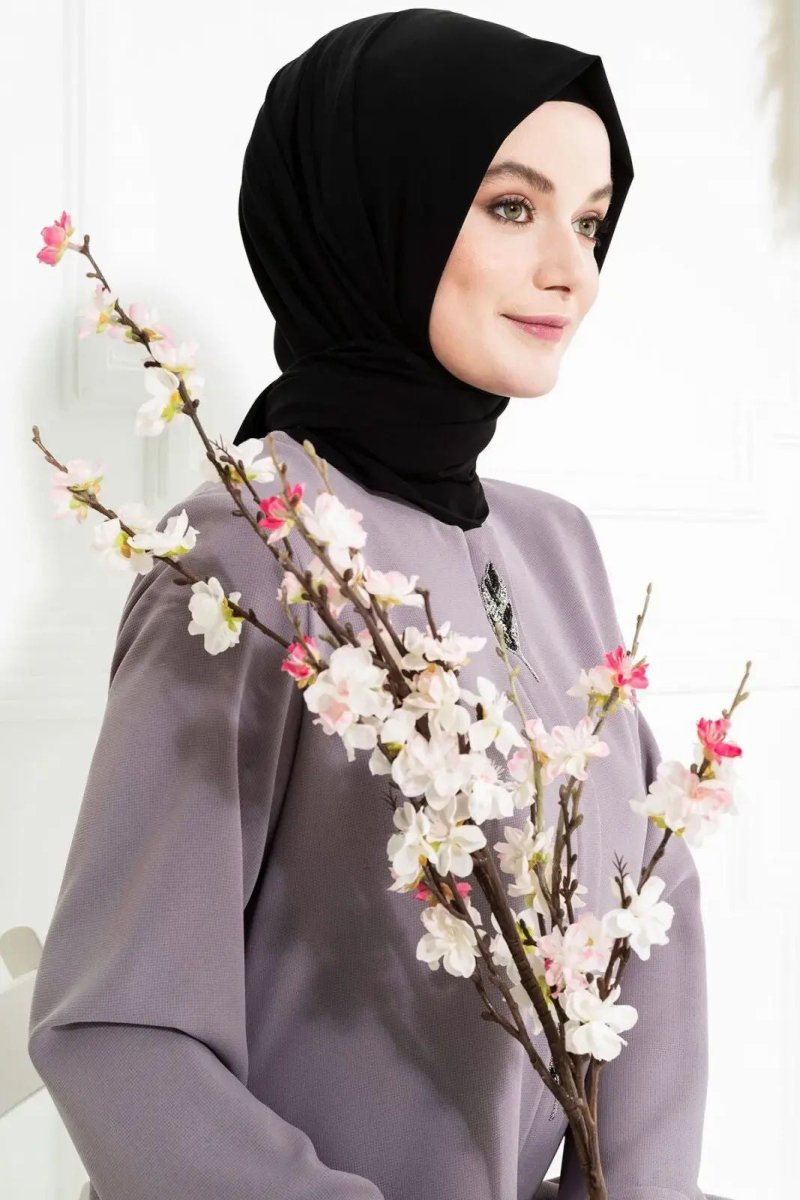 GRAY ROUND NECK HIDDEN ZIPPER APPLIQUE DETAIL HIJAB DRESS 3487 - 25 - ihvan