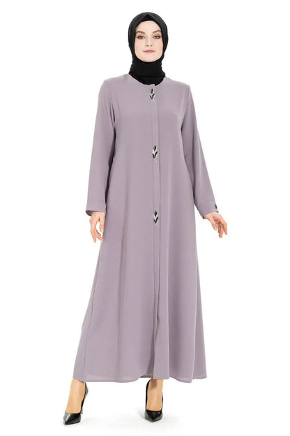 GRAY ROUND NECK HIDDEN ZIPPER APPLIQUE DETAIL HIJAB DRESS 3487 - 25 - ihvan