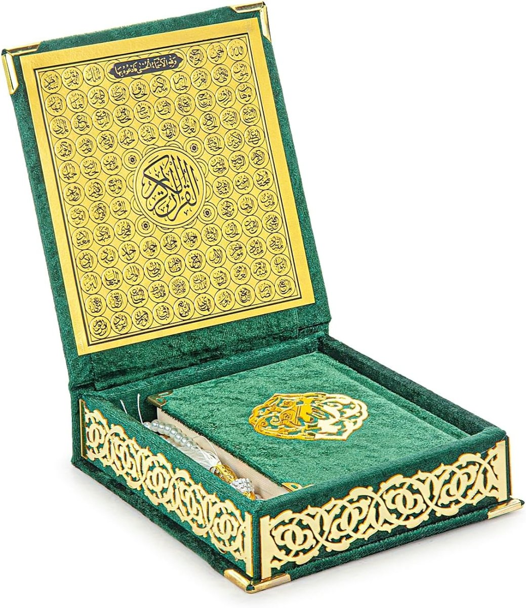 Green Holy Quran Gift Set | Pocket - Size Velvet Qu'ran, Tasbih & Asma ul Husna Box | Islamic Prayer Gift for Ramadan & Eid - ihvan