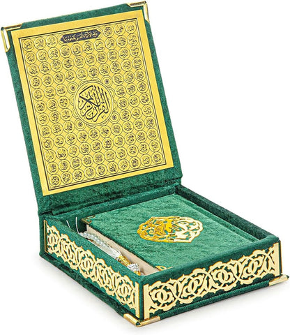 Green Holy Quran Gift Set | Pocket - Size Velvet Qu'ran, Tasbih & Asma ul Husna Box | Islamic Prayer Gift for Ramadan & Eid - ihvan