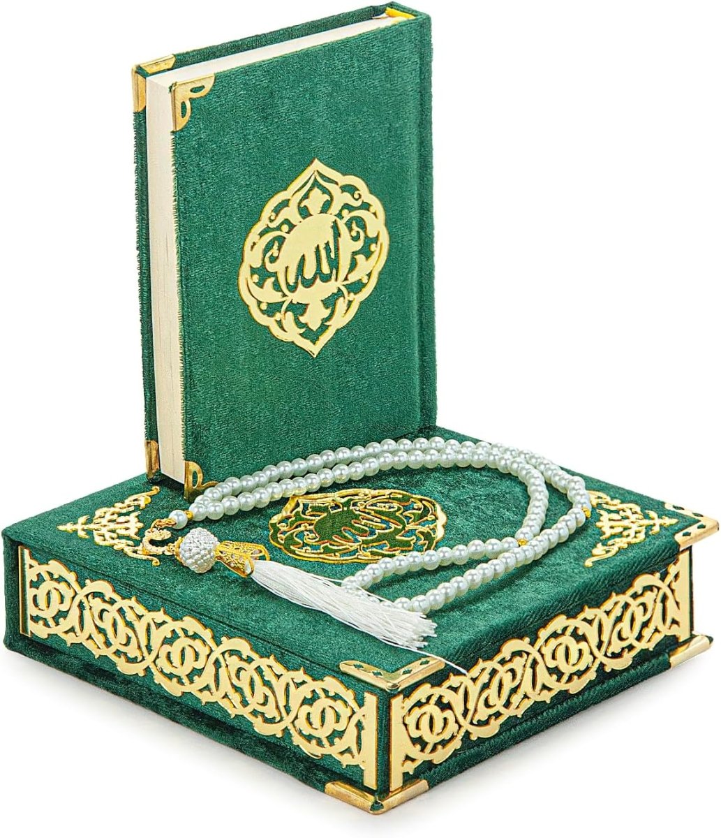 Green Holy Quran Gift Set | Pocket - Size Velvet Qu'ran, Tasbih & Asma ul Husna Box | Islamic Prayer Gift for Ramadan & Eid - ihvan