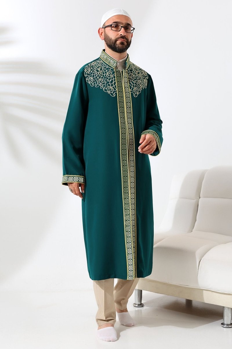Green Mandarin Collar Men's Prayer Robe with Striped Embroidery - Imam Robe - ihvan