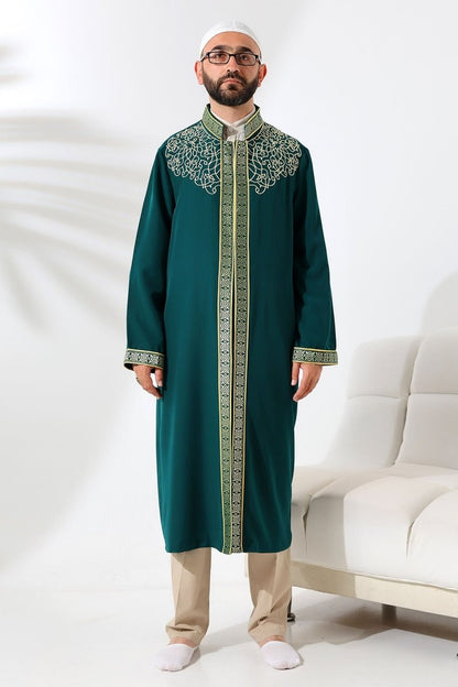 Green Mandarin Collar Men's Prayer Robe with Striped Embroidery - Imam Robe - ihvan