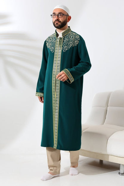 Green Mandarin Collar Men's Prayer Robe with Striped Embroidery - Imam Robe - ihvan