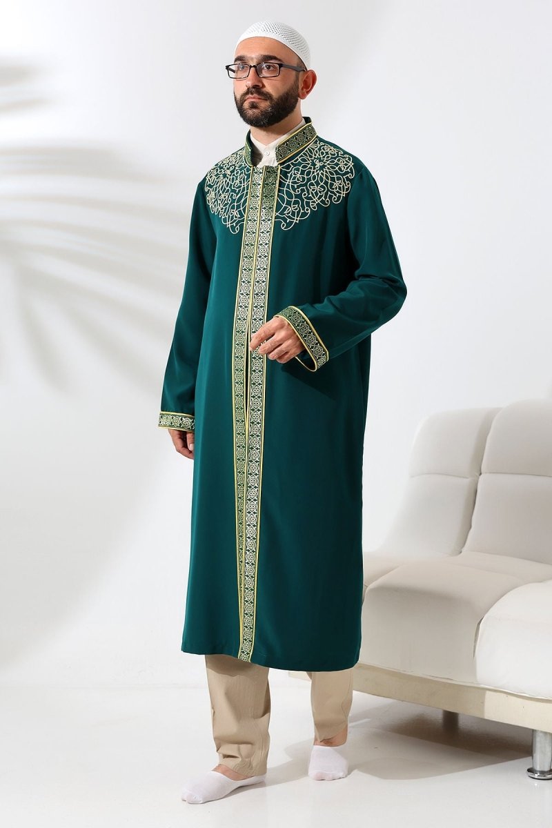 Green Mandarin Collar Men's Prayer Robe with Striped Embroidery - Imam Robe - ihvan