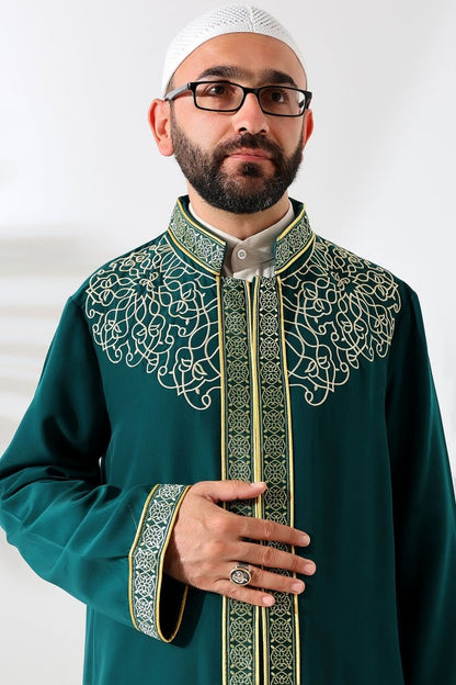 Green Mandarin Collar Men's Prayer Robe with Striped Embroidery - Imam Robe - ihvan