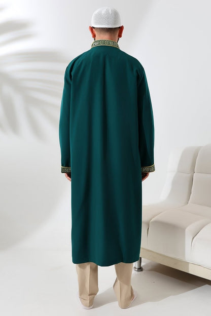 Green Mandarin Collar Men's Prayer Robe with Striped Embroidery - Imam Robe - ihvan